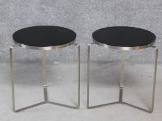 A pair of contemporary chrome framed occasional low tables. H.47cm