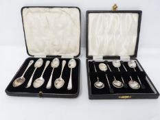 Two sets of cased coffee spoons. One cased set of silver Art Deco style coffee bean handled coffee