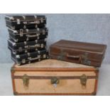 A vintage canvas and brass stud bound Watajoy trunk together with a vintage leather suitcase and
