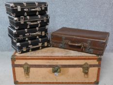 A vintage canvas and brass stud bound Watajoy trunk together with a vintage leather suitcase and