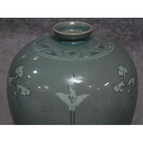 A 20th century Korean Blue celadon crackle glaze vase with crane and cloud decoration. Artist - Image 2 of 6