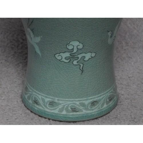 A 20th century Korean Blue celadon crackle glaze vase with crane and cloud decoration. Artist - Image 3 of 6