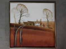 A framed watercolour on canvas by Swedish artist Knut Svenson depicting a cottage in the