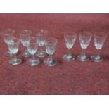 A set of six and a set of three antique blown glass cordial glasses with rough pontils.