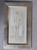 A framed and glazed pastel of a naked woman, by Lindsey Bennett, inscribed to back. 28x46cm