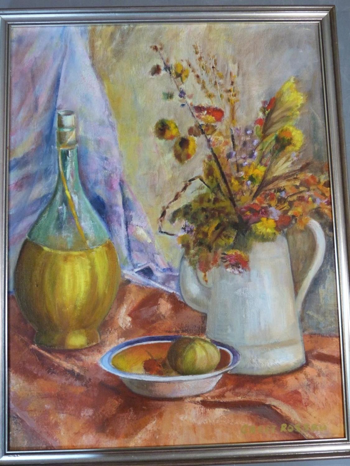 A framed oil on canvas, still life, by Greet Rossau. 61x78.