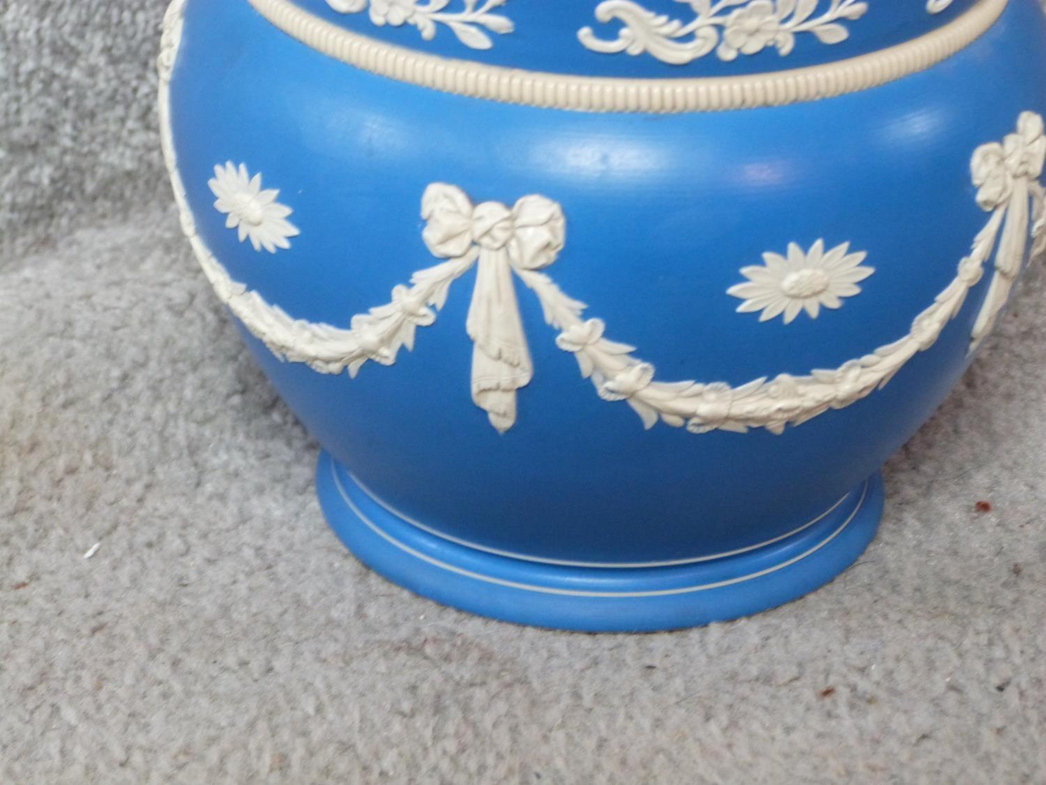 A Victorian Copeland blue and white Jasperware planter with swags and bow motifs, a rope effect - Image 2 of 7