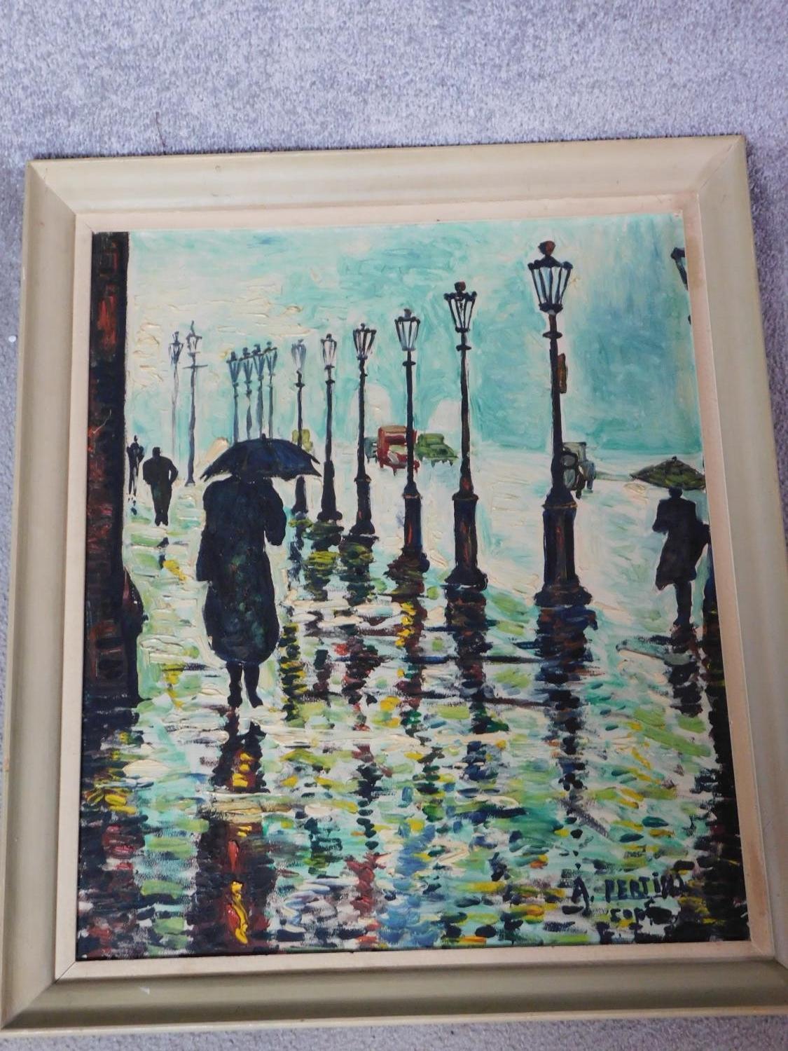 A framed oil on panel of a French boulevard, umbrellas in the rain. By A. Pertini. 59.5x69.5 - Image 2 of 4