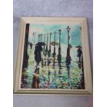 A framed oil on panel of a French boulevard, umbrellas in the rain. By A. Pertini. 59.5x69.5