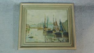 A framed oil on panel of docked boats, signed by Vermoelen. 45x53