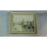 A framed oil on panel of docked boats, signed by Vermoelen. 45x53