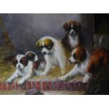 A framed oil on board in style of Otto Eerelman's 'Saint-Bernard puppies'. Signed by T. Jankman.