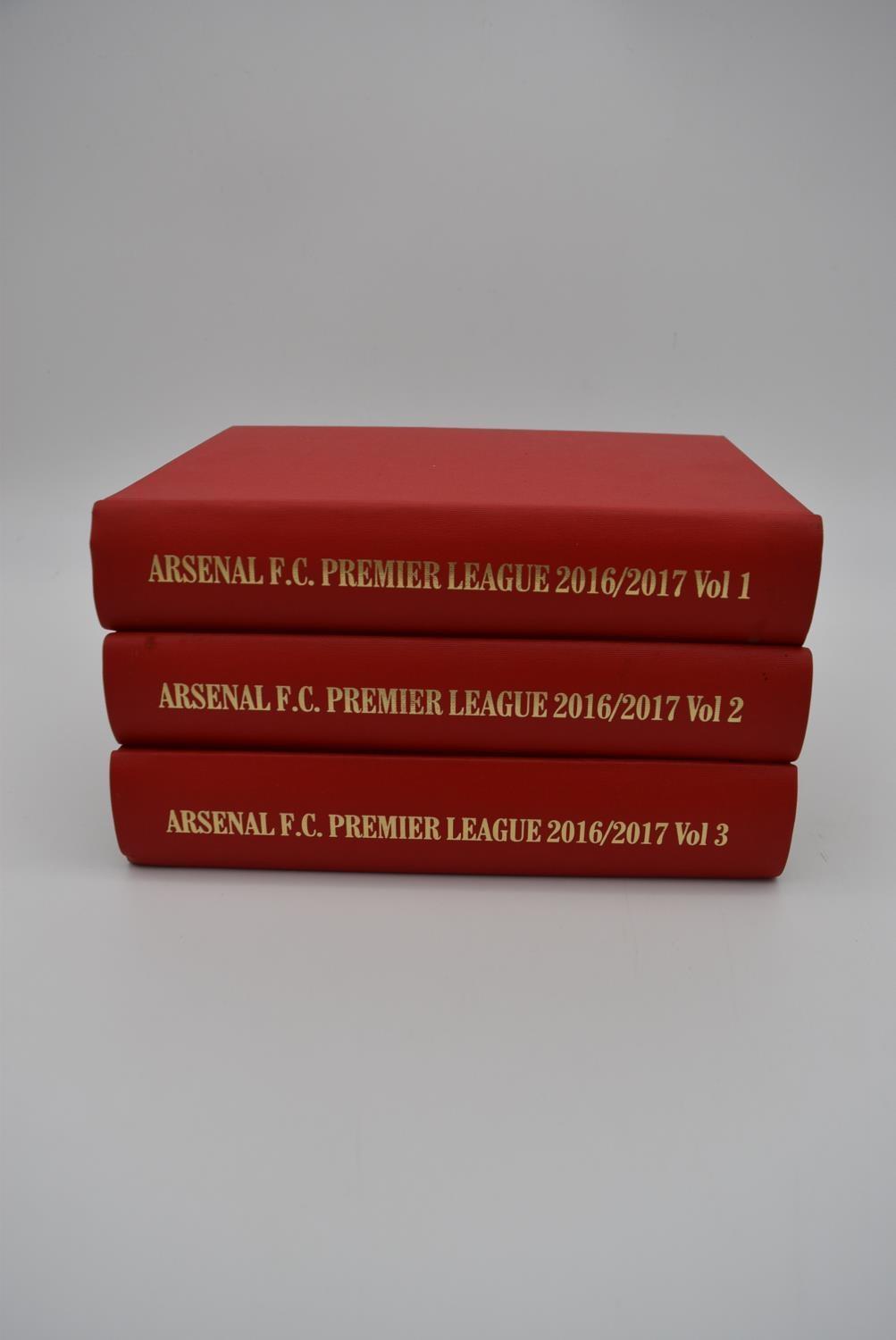 Three hardback colour fixture programmes for Arsenal FC, Premier League. The handcrafted and