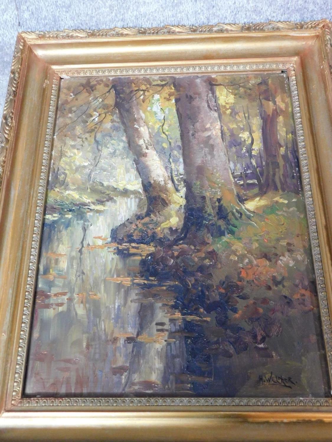 A gilt carved framed oil on canvas depicting a river in a forest. Jan Knikker signed alias Henk - Image 4 of 5