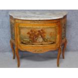 A Louis XV Vernis Martin style marble top commode with ormolu mounts and painted panels on