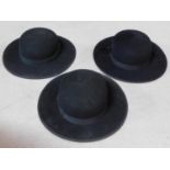 Three vintage pastor felt hats. 19x15.5cm (head size)