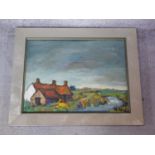 A framed oil on panel, impressionist style house by a river, indistinctly signed. 59.5x48