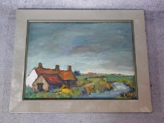 A framed oil on panel, impressionist style house by a river, indistinctly signed. 59.5x48