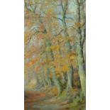 A gilded framed oil on canvas of a forest passage in Autumn, by V. Gaspar. 47x57cm