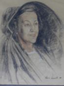 A framed and glazed charcoal sketch of a lady in noble garments. By Vasco Lazzolo. 61x70cm