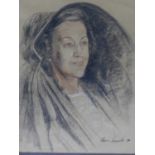 A framed and glazed charcoal sketch of a lady in noble garments. By Vasco Lazzolo. 61x70cm