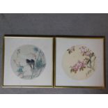 A pair of framed and glazed Japanese silk paintings. 40x40cm