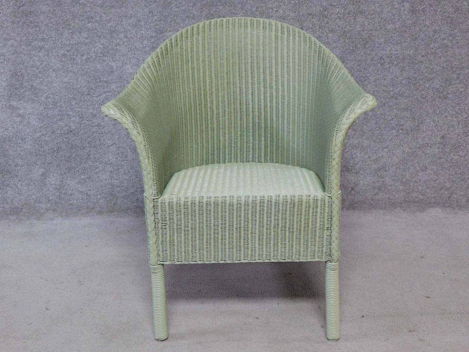 A vintage style willow green lacquered Lloyd Loom conservatory armchair with makers label. H.81cm - Image 2 of 5