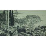 A framed and glazed original etching of Monaco by Frederick Marriott. 42x35cm