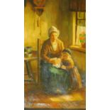 A framed oil on board of a mother stitching an embroidery with her daughter, by Bernard Raelays.