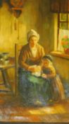 A framed oil on board of a mother stitching an embroidery with her daughter, by Bernard Raelays.