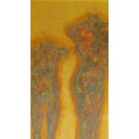 A framed oil on board of standing figures, indistinctly signed. 54x63cm