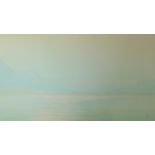 A framed and glazed watercolour of a view of the ocean and mountains on the horizon, indistinctly