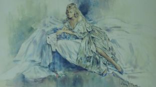 A framed and glazed print of a lady on a dress, by Gordon King, signed. 74x99cm