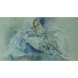 A framed and glazed print of a lady on a dress, by Gordon King, signed. 74x99cm