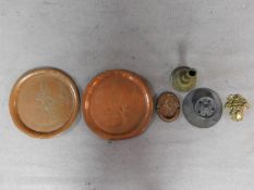 A miscellaneous collection of metal work items to include two Johnnie Walker copper plates and