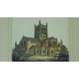 A framed and glazed watercolour depicting Tewksbury church by Thomas Moule. 34x30cm