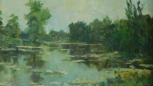 A framed oil on board depicting a pond, by Fern Ley, 1925. 52x40cm