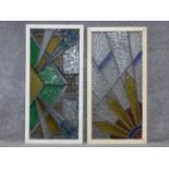 Two framed Art Deco stained glass panels with an abstract sunburst design. 92x45cm