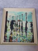 A framed oil on panel of a French boulevard, umbrellas in the rain. By A. Pertini. 59.5x69.5