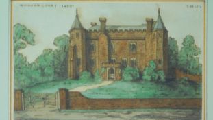 A framed and glazed watercolour depicting Wickham Court, Kent by Thomas Moule. 34x28cm