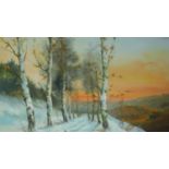 A framed oil on board of silver birches in a wintery scene, signed by Cardil. 76x96cm