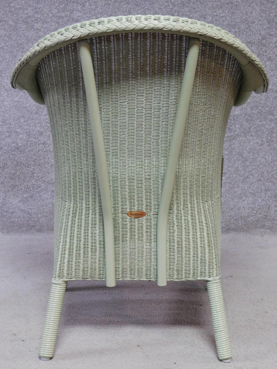 A vintage style willow green lacquered Lloyd Loom conservatory armchair with makers label. H.81cm - Image 4 of 5