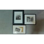 Three framed and glazed signed etchings depicting black and white sculptural figures and animals.