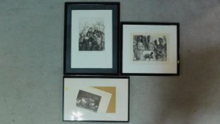 Three framed and glazed signed etchings depicting black and white sculptural figures and animals.