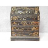 An Edwardian lacquered Chinoiserie bureau with fall front revealing fitted interior above four