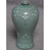 A 20th century Korean Blue celadon crackle glaze vase with crane and cloud decoration. Artist