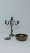 A collection of metal work items including an antique Art Nouveau style brass candelabra, a silver