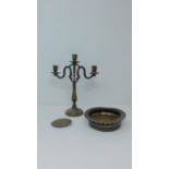 A collection of metal work items including an antique Art Nouveau style brass candelabra, a silver