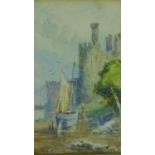 A framed and glazed watercolour of a harbour by a castle, signed by Conway. 37x29cm