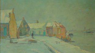 A framed oil on board of a wintery town scene by Pieter Jan de Clerq. (1891-1964). 81x67cm